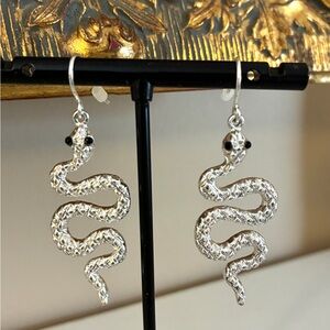 Silver Snake Earrings Black Crystal Eyes